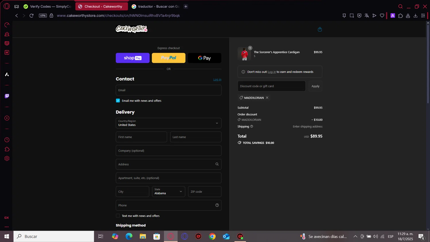 Cakeworthy discount code screenshot showing code MADDILORIAN applied at Cakeworthy checkout page. Uploaded by SimplyCodes community member MightyOwl9591 on Jul 18, 2025