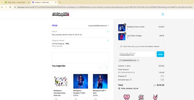 Cakeworthy checkout page showing Cakeworthy discount code box | Screenshot taken by SimplyCodes community member on Sep 12, 2025