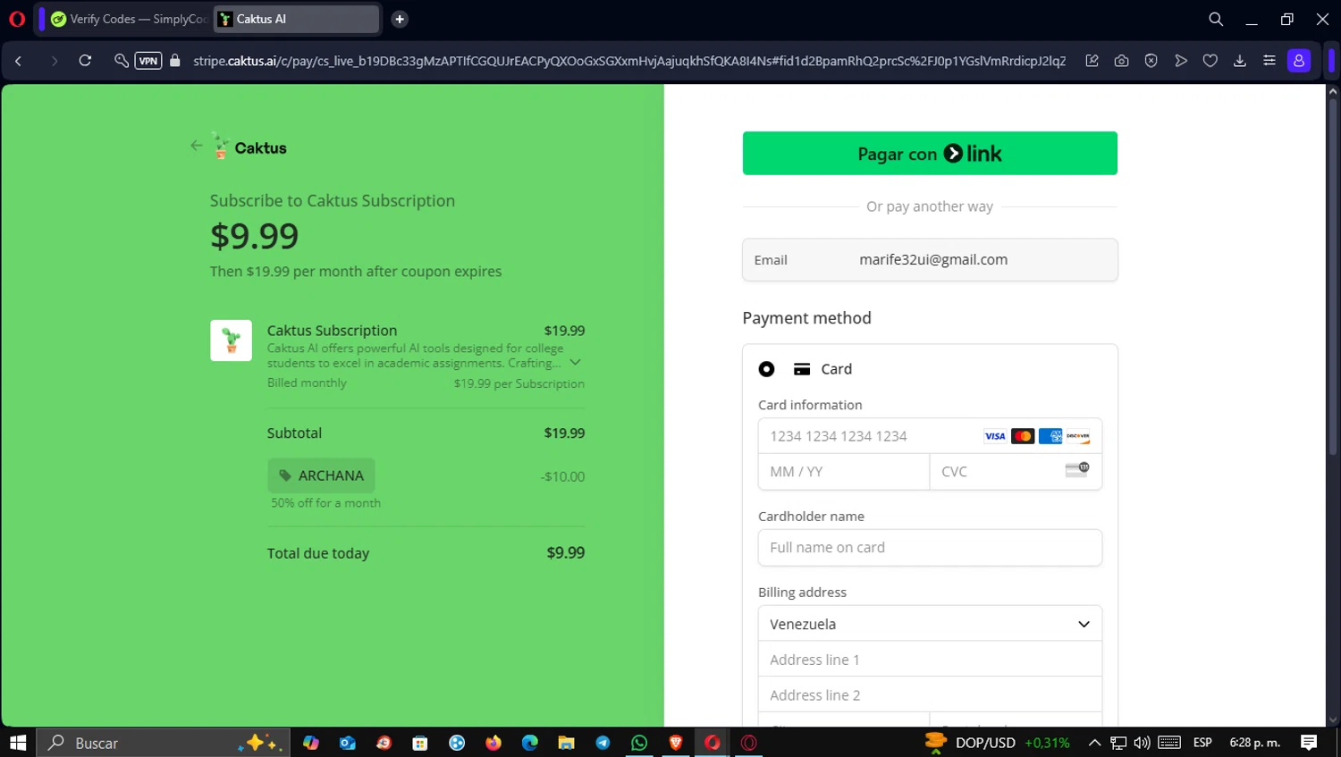 Caktus AI checkout page showing Caktus AI promo code box | Screenshot taken by SimplyCodes community member on Mar 1, 2025