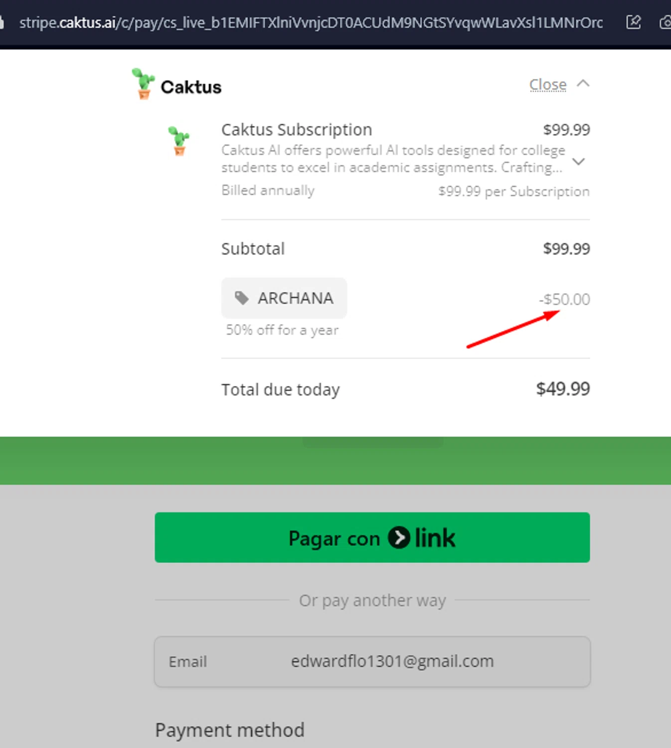 Caktus AI checkout page showing Caktus AI promo code box | Screenshot taken by SimplyCodes community member on Mar 1, 2025