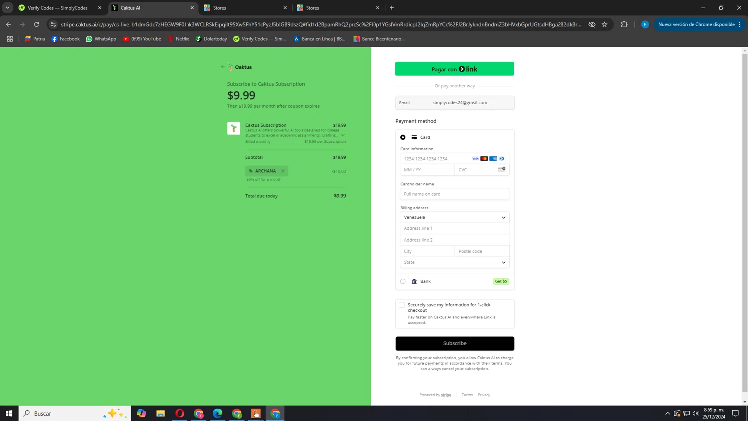 Caktus AI checkout page showing Caktus AI promo code box | Screenshot taken by SimplyCodes community member on Dec 26, 2024