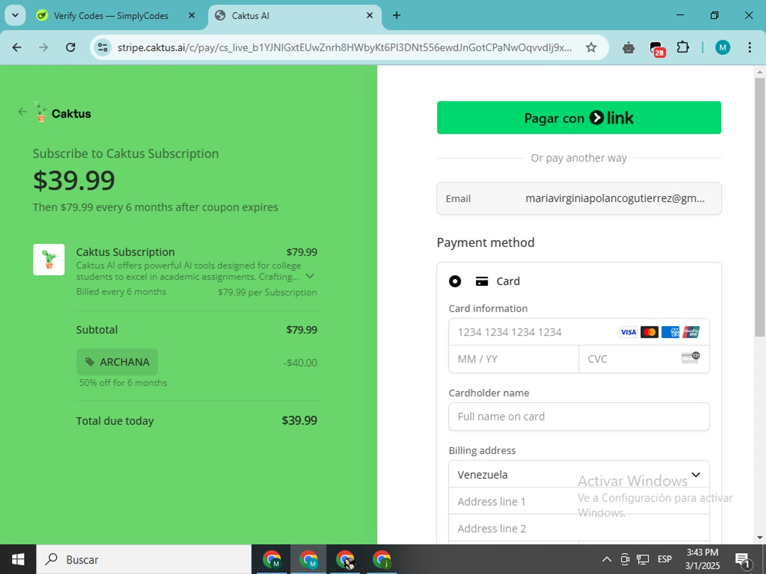 Caktus AI checkout page showing Caktus AI promo code box | Screenshot taken by SimplyCodes community member on Mar 1, 2025