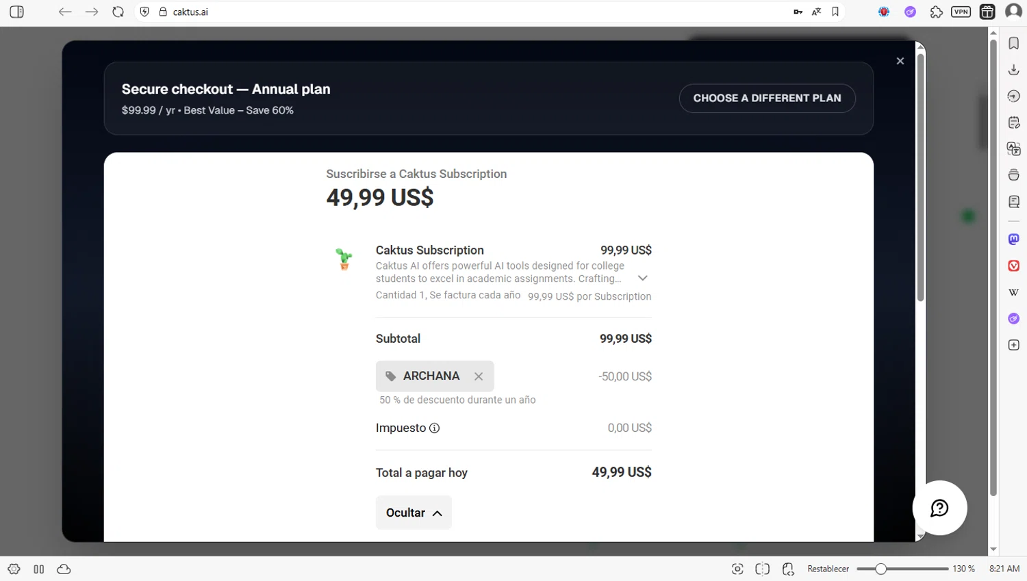 Caktus AI promo code screenshot showing code ARCHANA applied at Caktus AI checkout page. Uploaded by SimplyCodes community member luissilva2 on Nov 5, 2025
