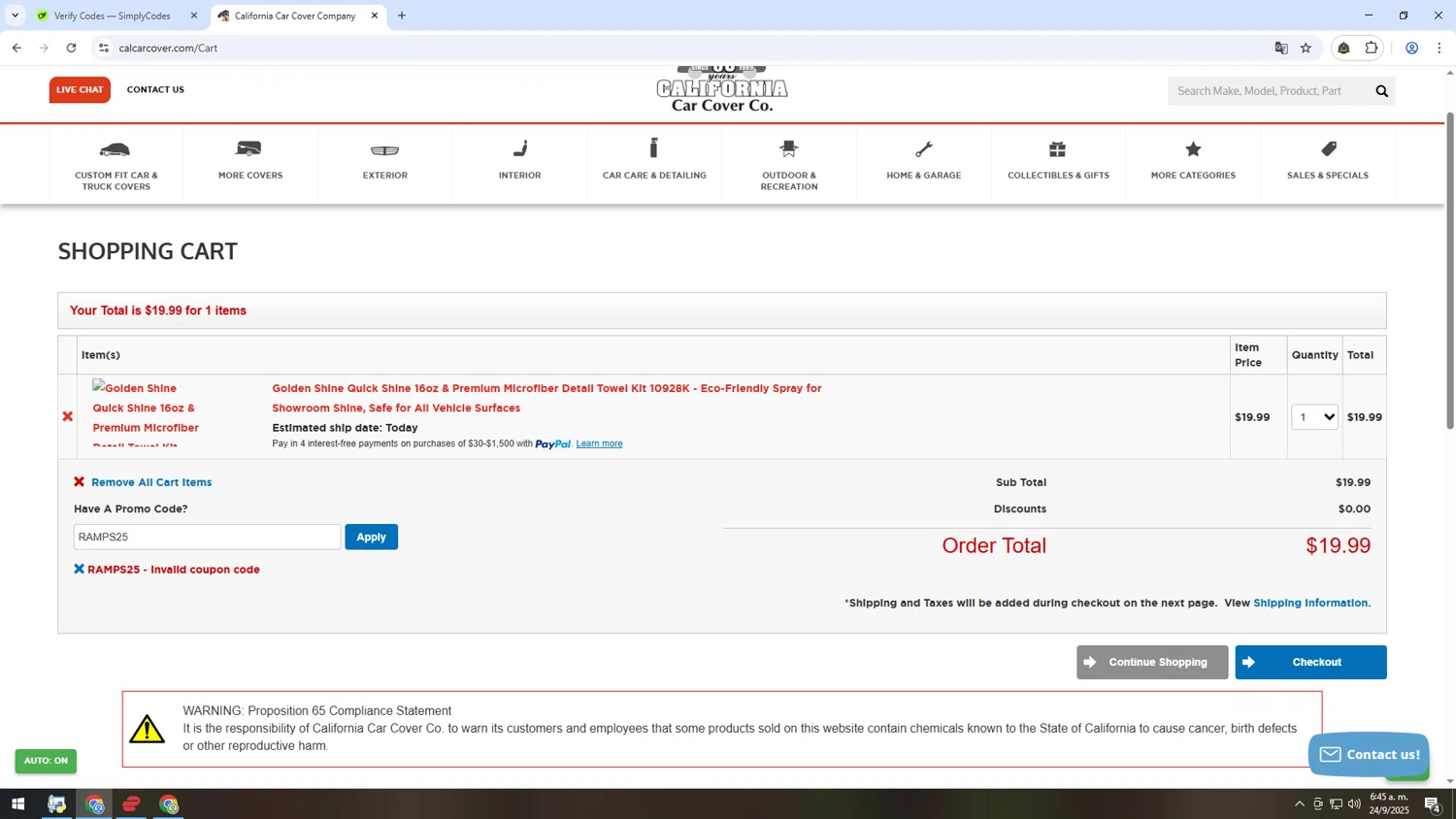 California Car Cover Company promo code screenshot showing code RAMPS25 applied at California Car Cover Company checkout page. Uploaded by SimplyCodes community member INSECTOS on Sep 24, 2025