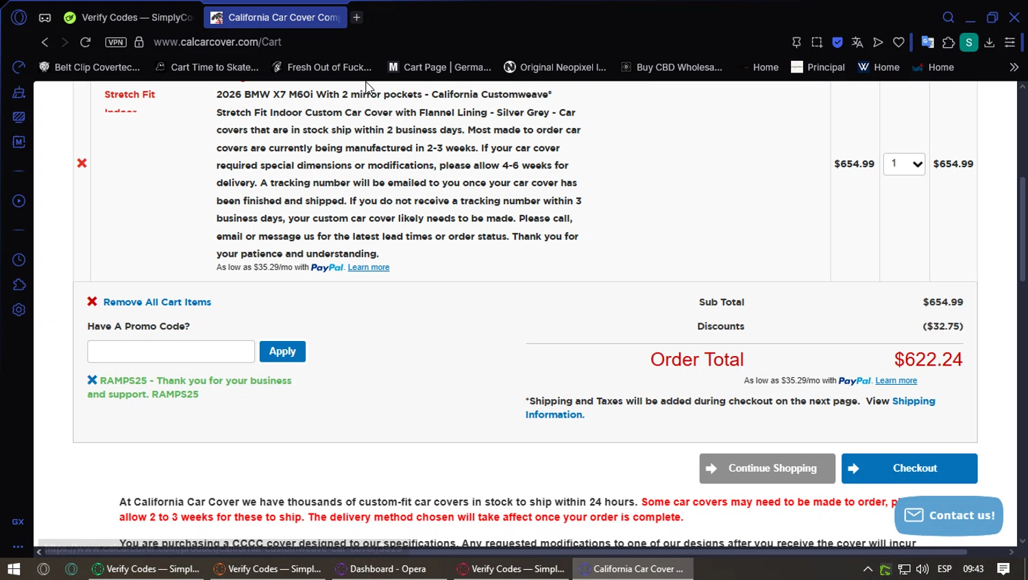 California Car Cover Company promo code screenshot showing code RAMPS25 applied at California Car Cover Company checkout page. Uploaded by SimplyCodes community member PennyFox1280 on Aug 26, 2025