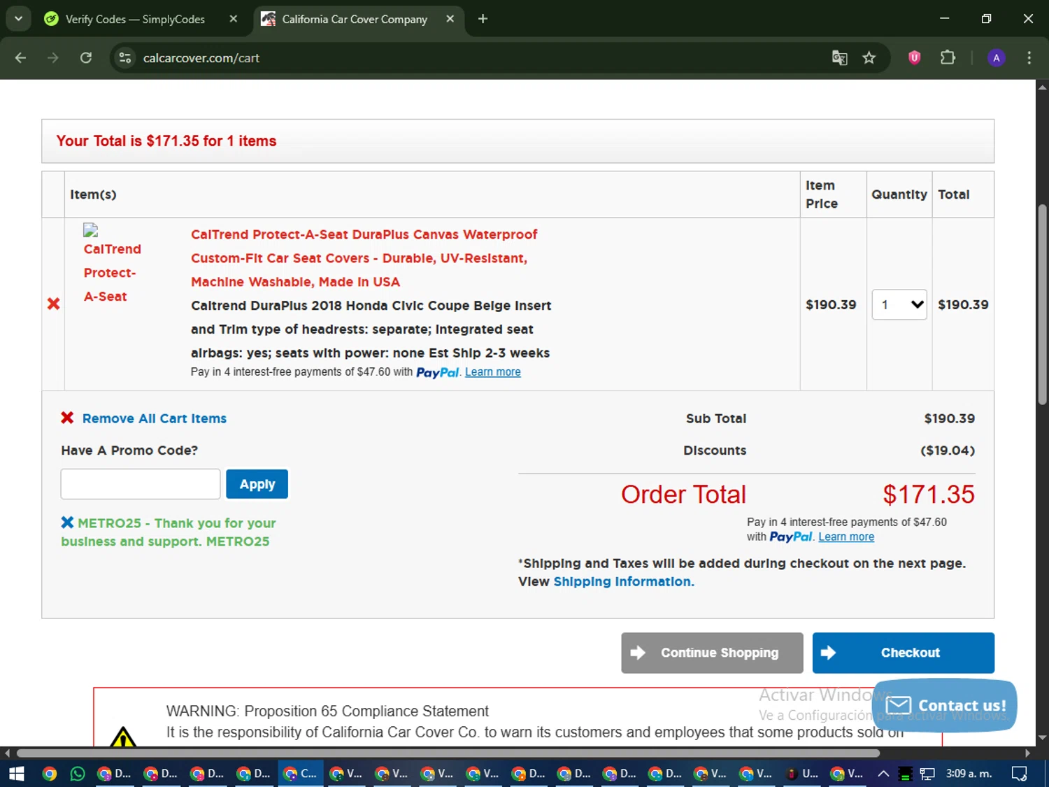 California Car Cover Company promo code screenshot showing code METRO25 applied at California Car Cover Company checkout page. Uploaded by SimplyCodes community member MagnificentWarden4603 on Nov 29, 2025