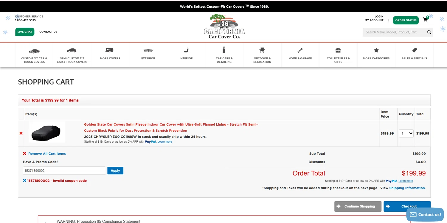 California Car Cover Company promo code screenshot showing code 15371890002 applied at California Car Cover Company checkout page. Uploaded by SimplyCodes community member CashAce9852 on Dec 10, 2025
