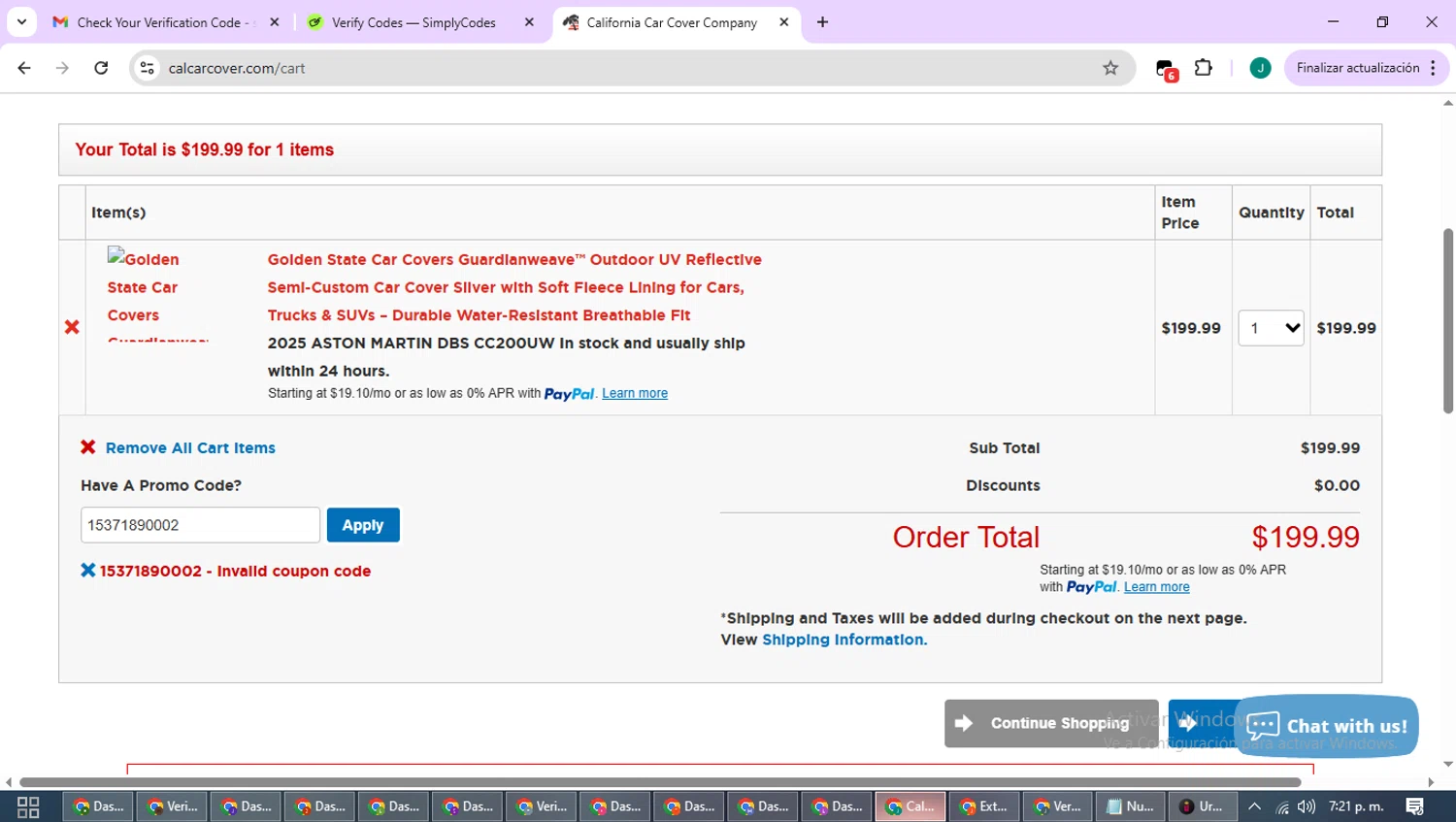 California Car Cover Company promo code screenshot showing code 15371890002 applied at California Car Cover Company checkout page. Uploaded by SimplyCodes community member SavvyCurator1770 on Dec 9, 2025