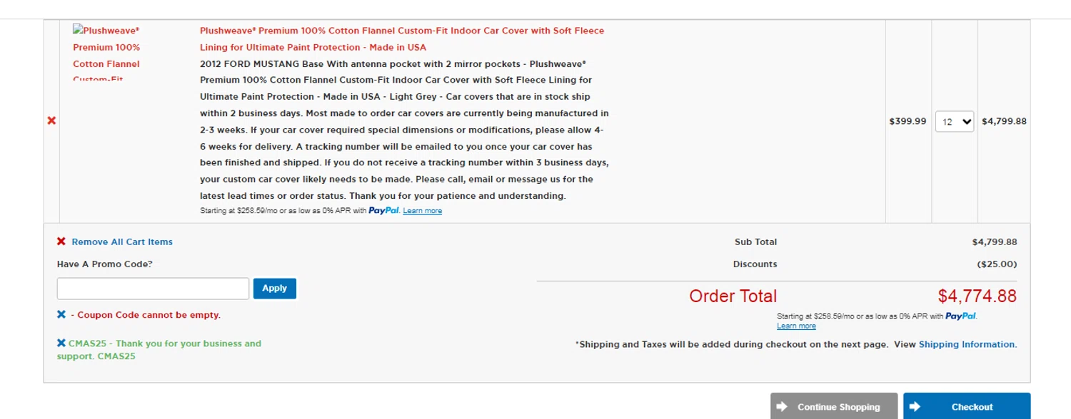 California Car Cover Company promo code screenshot showing code CMAS25 applied at California Car Cover Company checkout page. Uploaded by SimplyCodes community member obito1234 on Dec 23, 2025