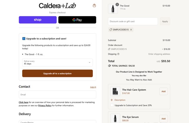 Caldera + Lab checkout page showing Caldera + Lab discount code box | Screenshot taken by SimplyCodes community member on Sep 4, 2025