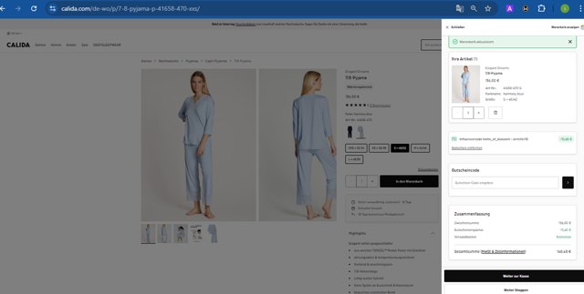 Calida checkout page showing Calida promo code box | Screenshot taken by SimplyCodes community member on May 15, 2025