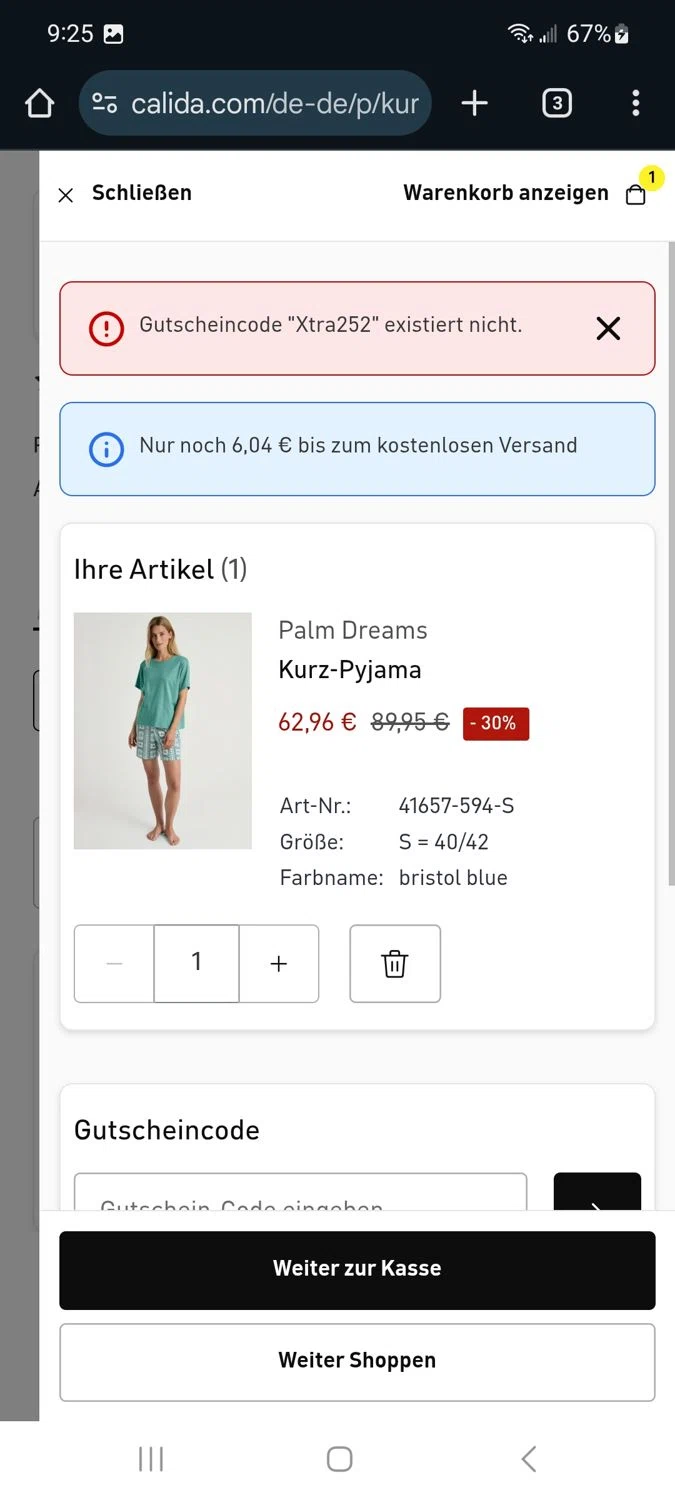 Calida promo code screenshot showing code Xtra252 applied at Calida checkout page. Uploaded by SimplyCodes community member Milaya on Aug 8, 2025