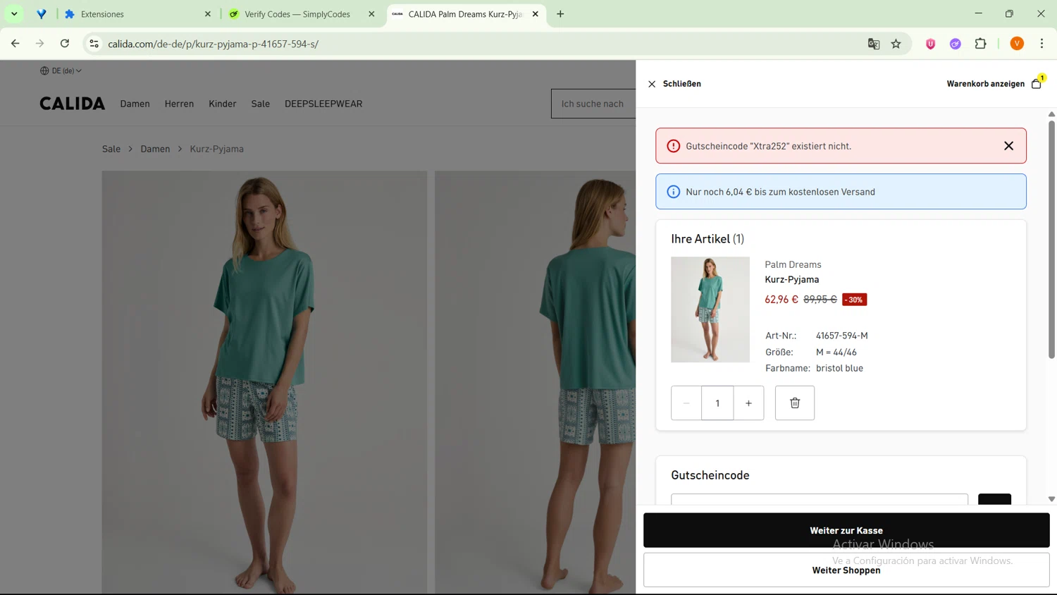 Calida promo code screenshot showing code Xtra252 applied at Calida checkout page. Uploaded by SimplyCodes community member SavingsFinder9954 on Aug 8, 2025