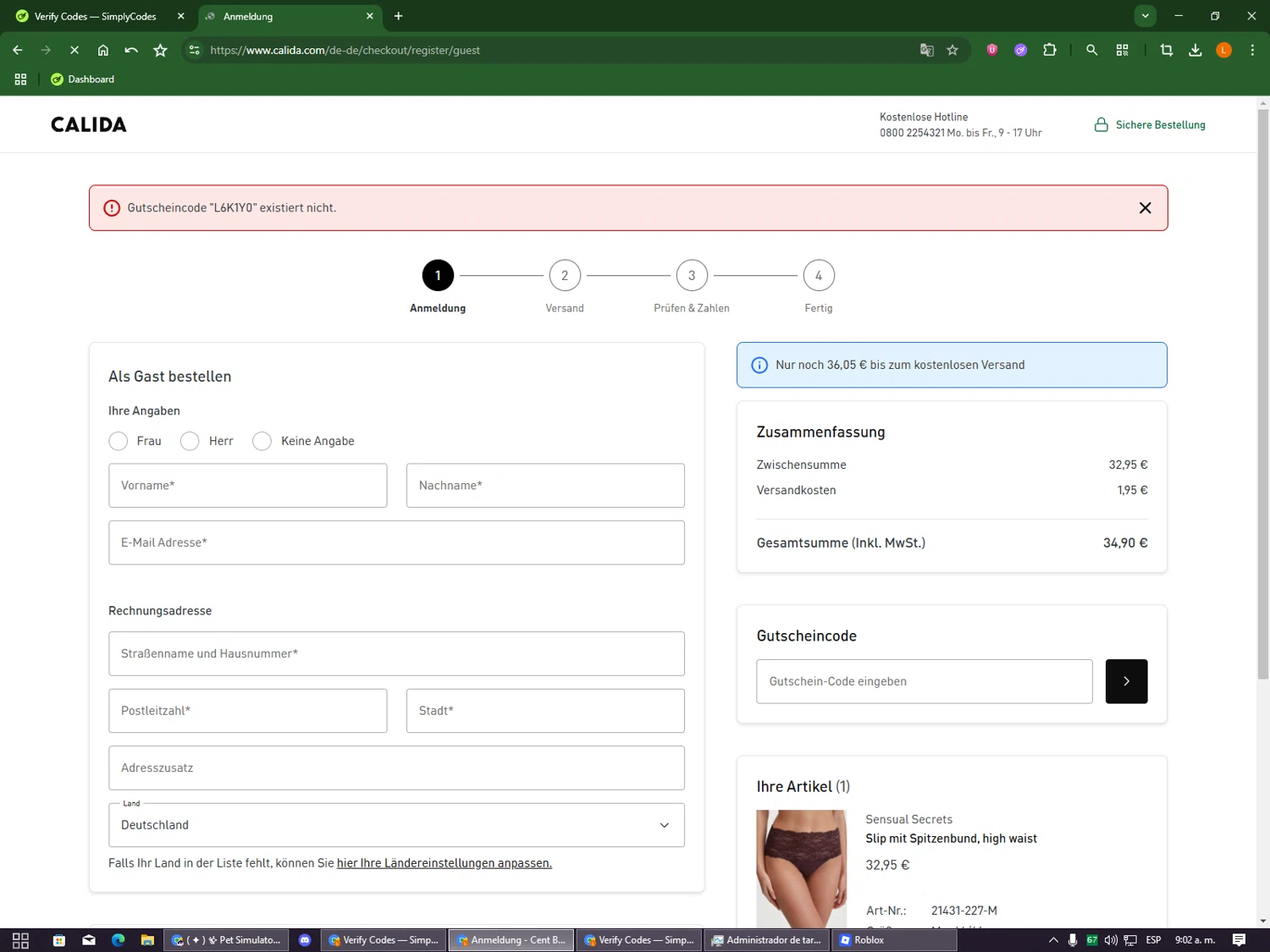 Calida promo code screenshot showing code L6K1Y0 applied at Calida checkout page. Uploaded by SimplyCodes community member DealOwl9228 on Aug 27, 2025