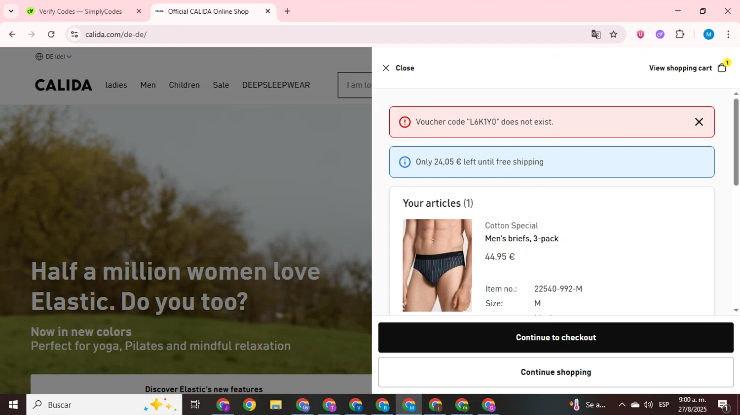Calida promo code screenshot showing code L6K1Y0 applied at Calida checkout page. Uploaded by SimplyCodes community member LegendaryCurator1585 on Aug 27, 2025