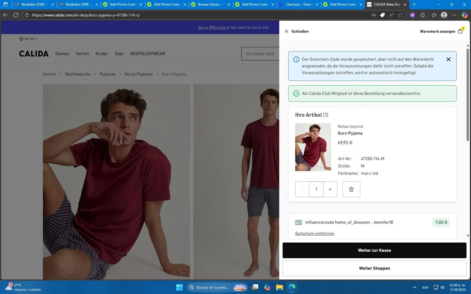 Calida promo code screenshot showing code JENNIFER10 applied at Calida checkout page. Uploaded by SimplyCodes community member Mdeoca on Aug 17, 2025