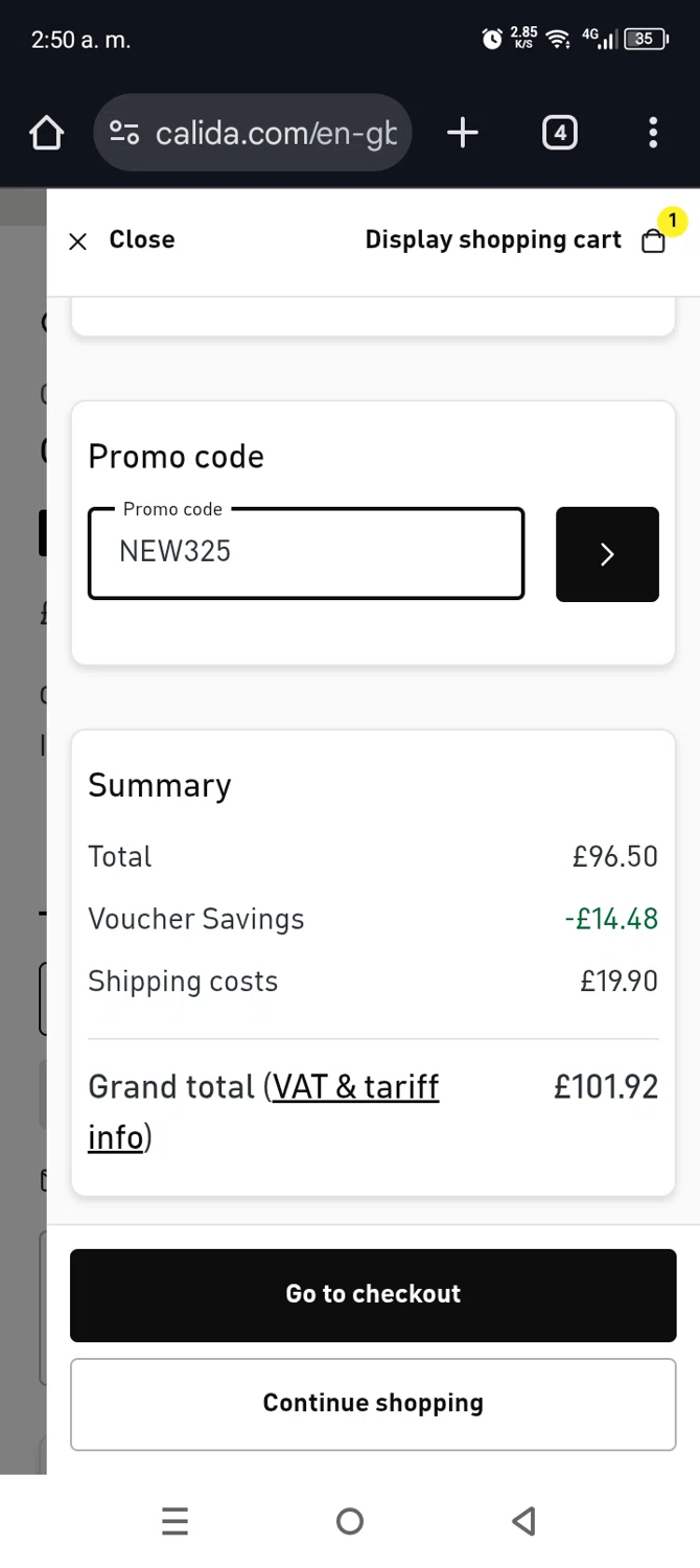 Calida promo code screenshot showing code NEW325 applied at Calida checkout page. Uploaded by SimplyCodes community member Mdeoca on Aug 28, 2025