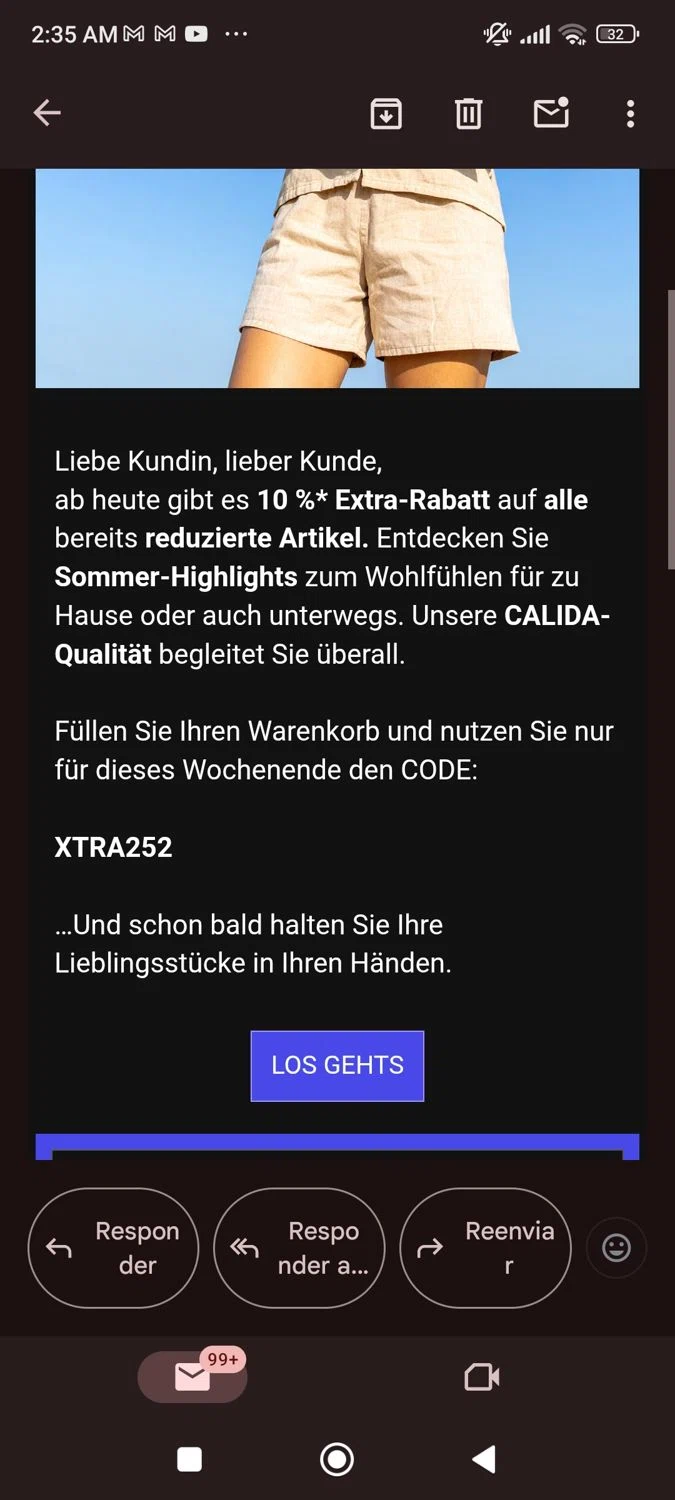 Calida promo code screenshot showing code Xtra252 applied at Calida checkout page. Uploaded by SimplyCodes community member SaraiVillarroel on Jul 10, 2025
