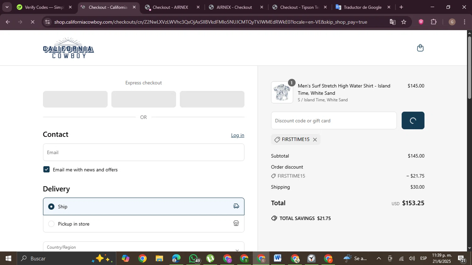 California Cowboy promo code screenshot showing code FIRSTTIME15 applied at California Cowboy checkout page. Uploaded by SimplyCodes community member BrilliantTracker4207 on Jun 22, 2025