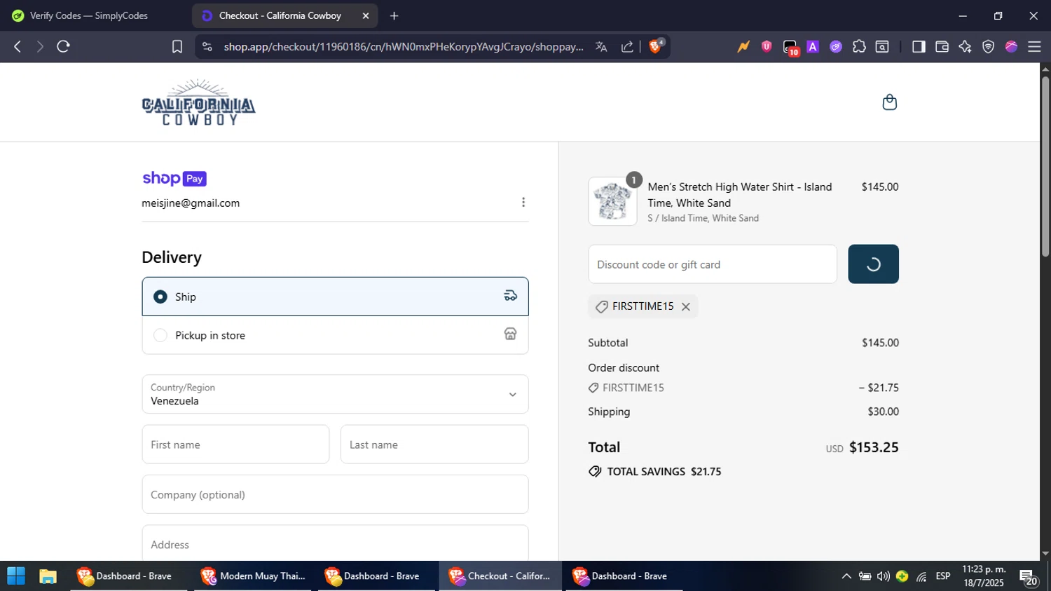 California Cowboy promo code screenshot showing code FIRSTTIME15 applied at California Cowboy checkout page. Uploaded by SimplyCodes community member NobleFox488 on Jul 19, 2025
