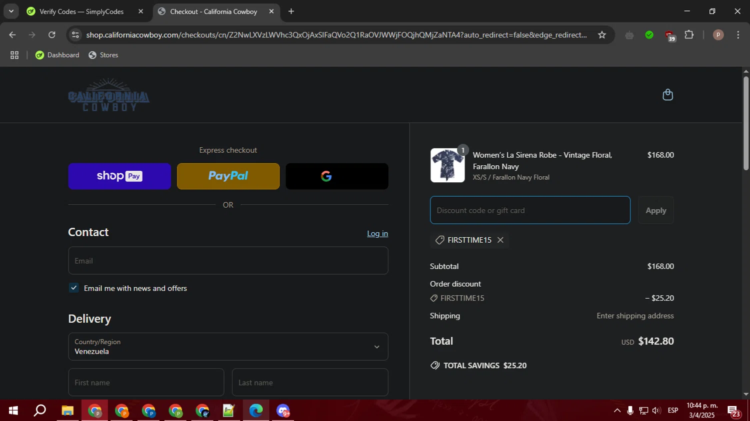 California Cowboy promo code screenshot showing code FIRSTTIME15 applied at California Cowboy checkout page. Uploaded by SimplyCodes community member PrimeTiger1163 on Apr 4, 2025