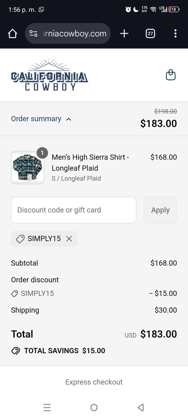 California Cowboy checkout page showing California Cowboy promo code box | Screenshot taken by SimplyCodes community member on Aug 22, 2025