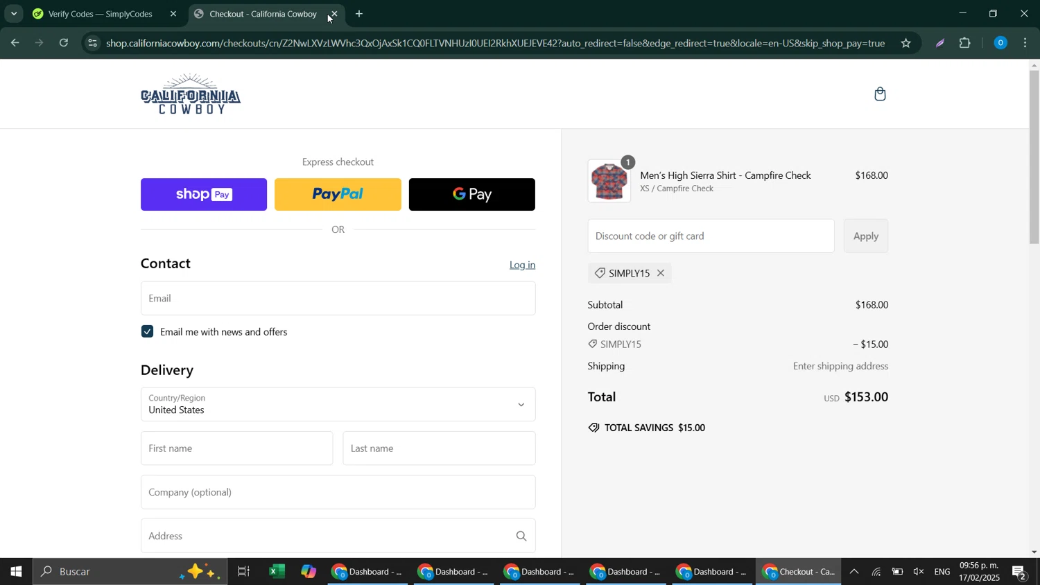 California Cowboy promo code screenshot showing code simply15 applied at California Cowboy checkout page. Uploaded by SimplyCodes community member CodeScholar4340 on Feb 18, 2025