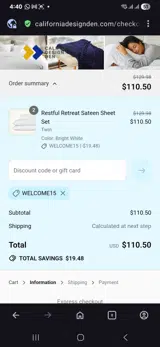 Welcome15 coupon verification screenshot