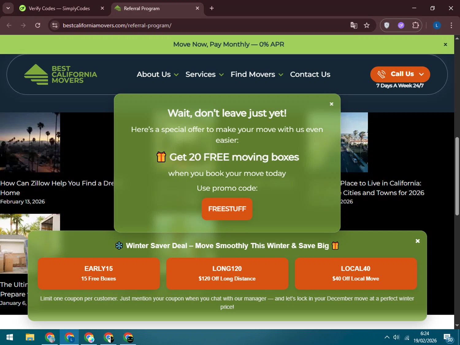 Best California Movers promo code screenshot showing code FREESTUFF applied at Best California Movers checkout page. Uploaded by SimplyCodes community member LegendaryLegend5536 on Feb 19, 2026