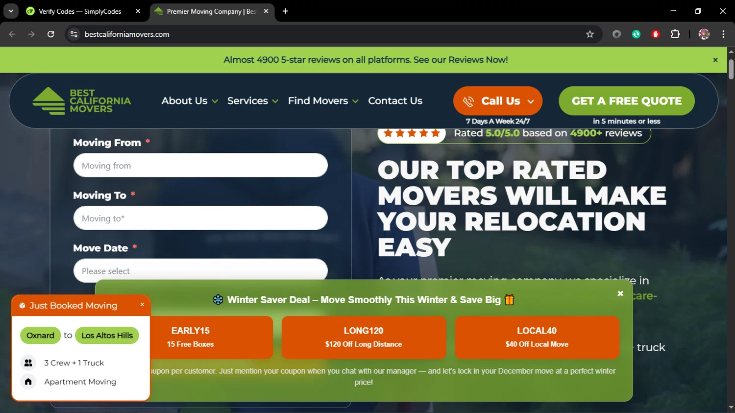 Best California Movers promo code screenshot showing code LONG120 applied at Best California Movers checkout page. Uploaded by SimplyCodes community member Juliet on Jan 21, 2026