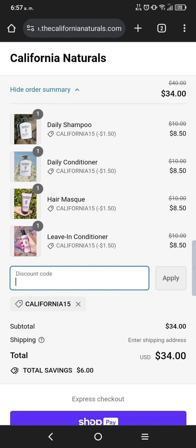California Naturals checkout page showing California Naturals discount code box | Screenshot taken by SimplyCodes community member on Mar 1, 2024