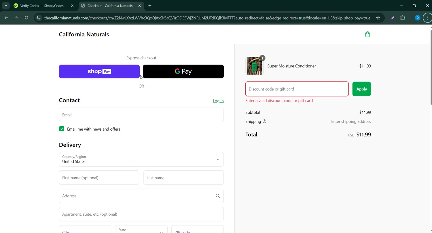 California Naturals discount code screenshot showing code CALIFORNIA15 applied at California Naturals checkout page. Uploaded by SimplyCodes community member _____________ on Mar 10, 2025