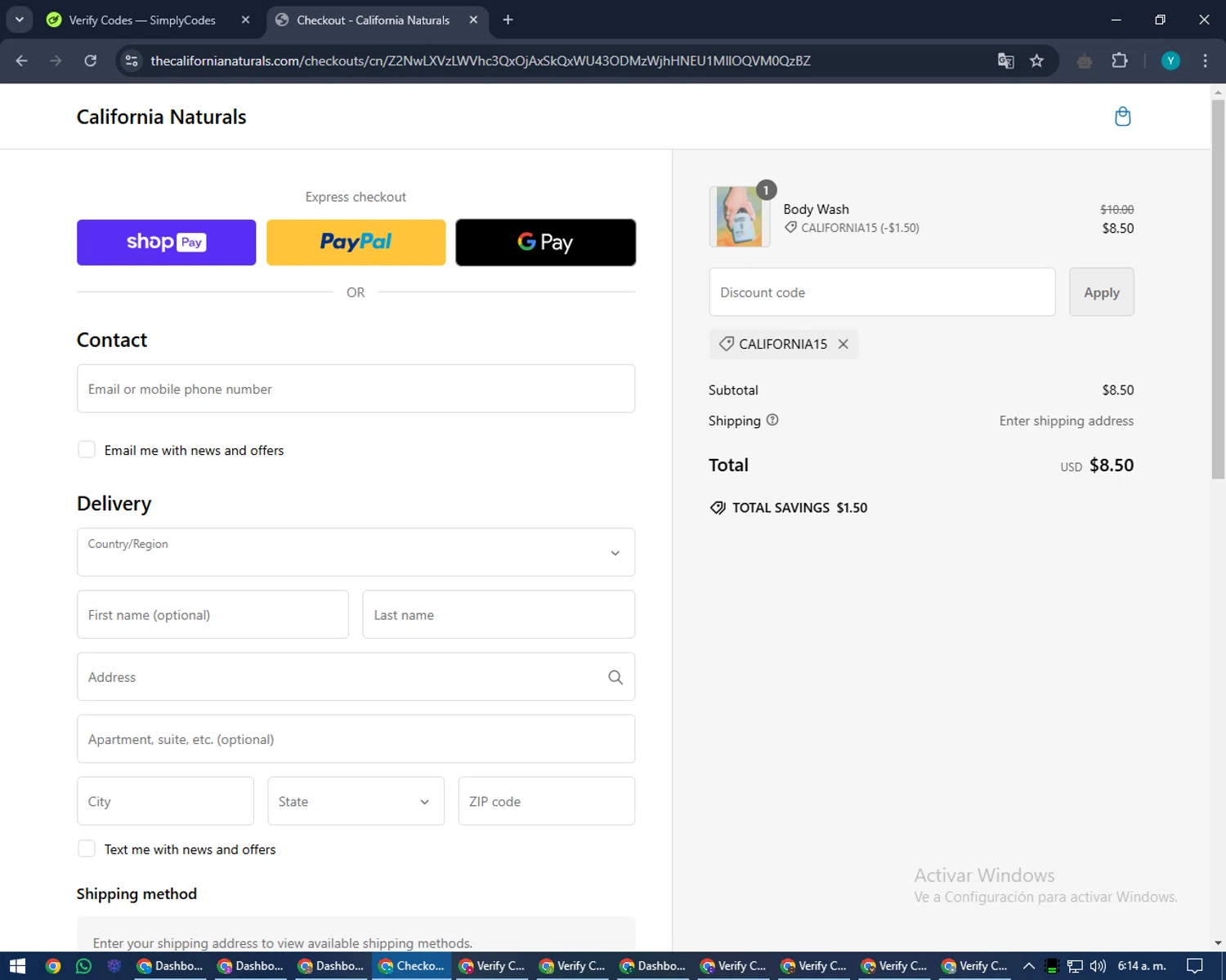 California Naturals checkout page showing California Naturals discount code box | Screenshot taken by SimplyCodes community member on Nov 19, 2024