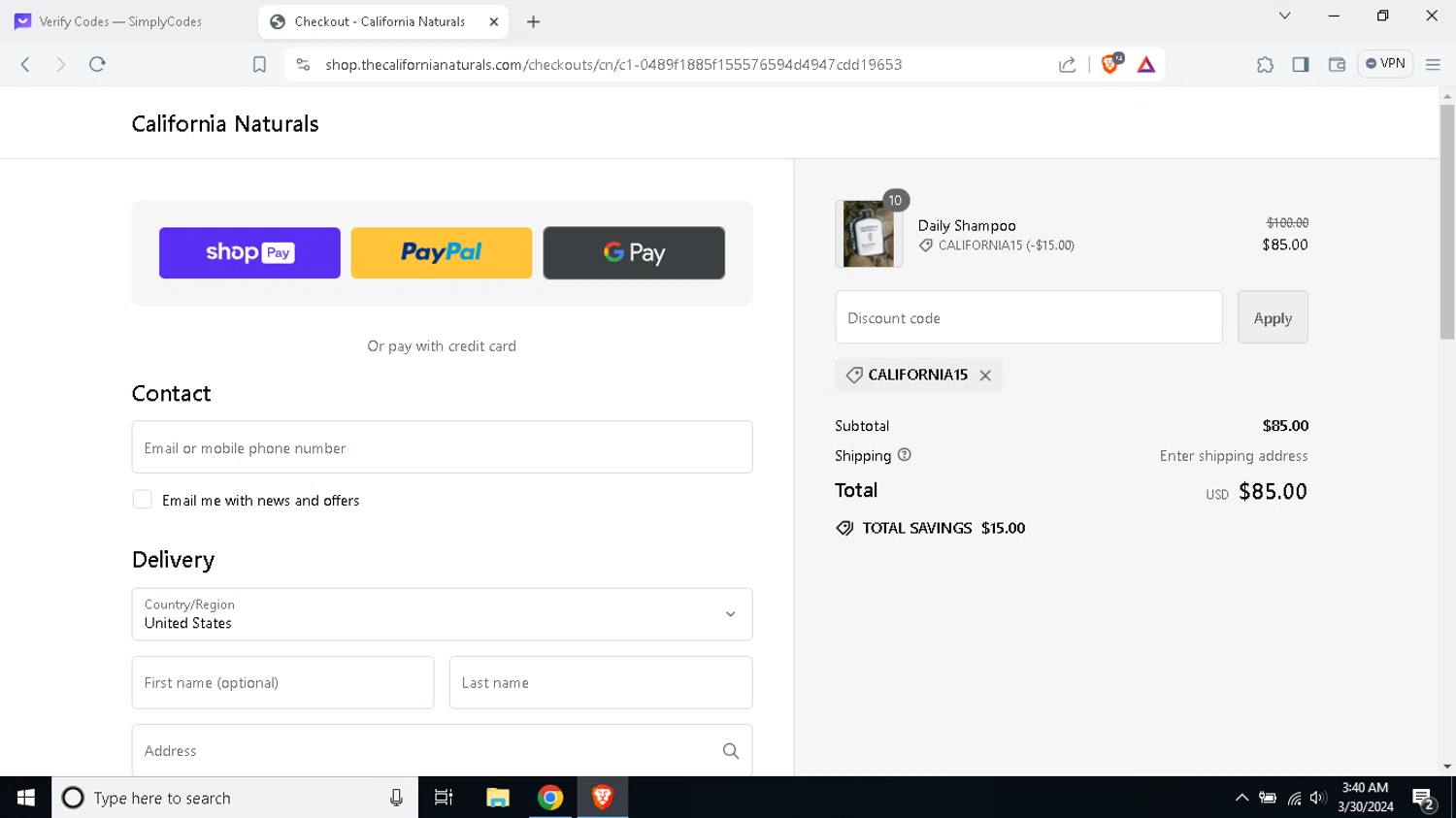 California Naturals checkout page showing California Naturals discount code box | Screenshot taken by SimplyCodes community member on Mar 30, 2024
