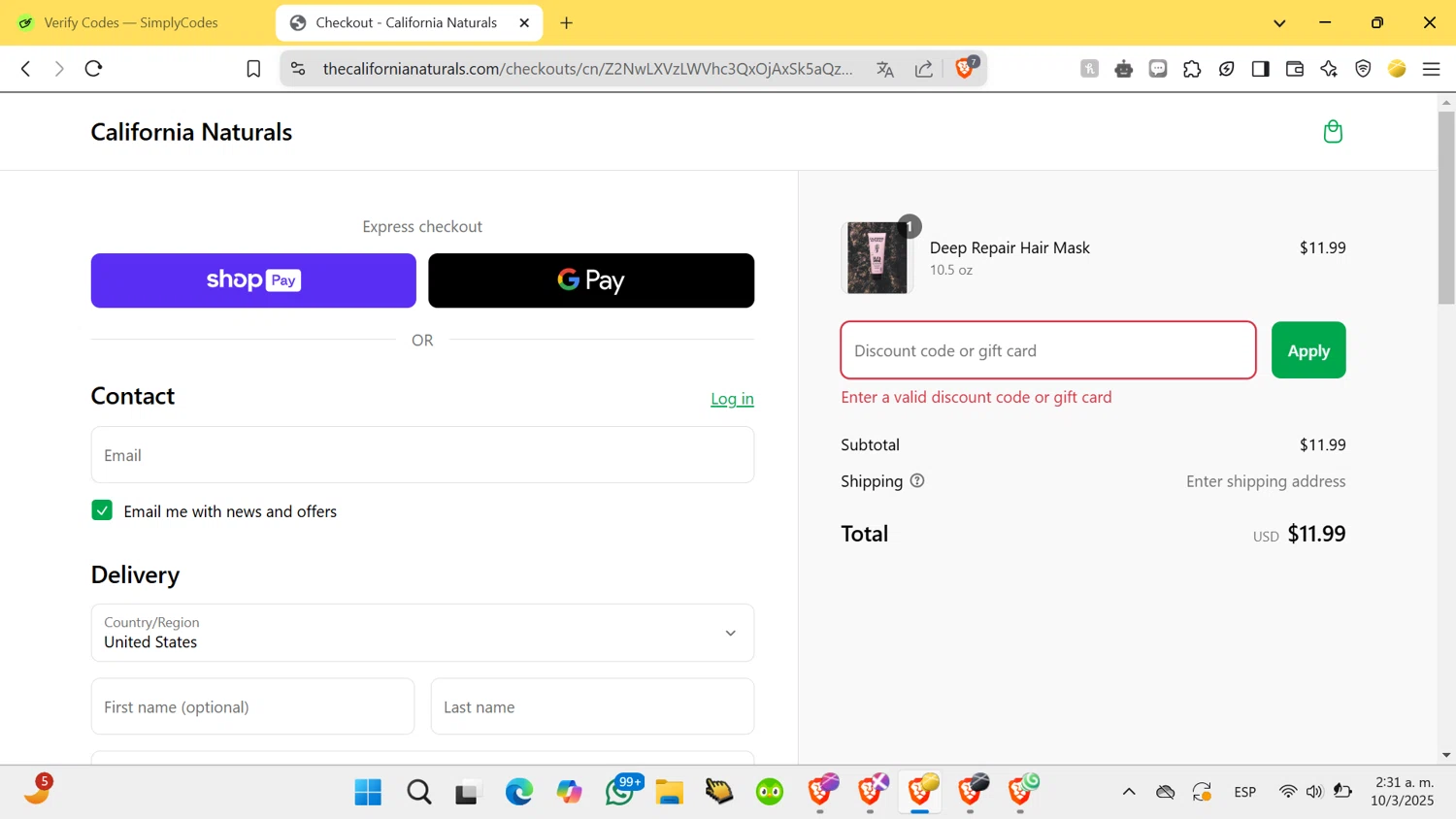 California Naturals discount code screenshot showing code CALIFORNIA15 applied at California Naturals checkout page. Uploaded by SimplyCodes community member lirguin on Mar 10, 2025