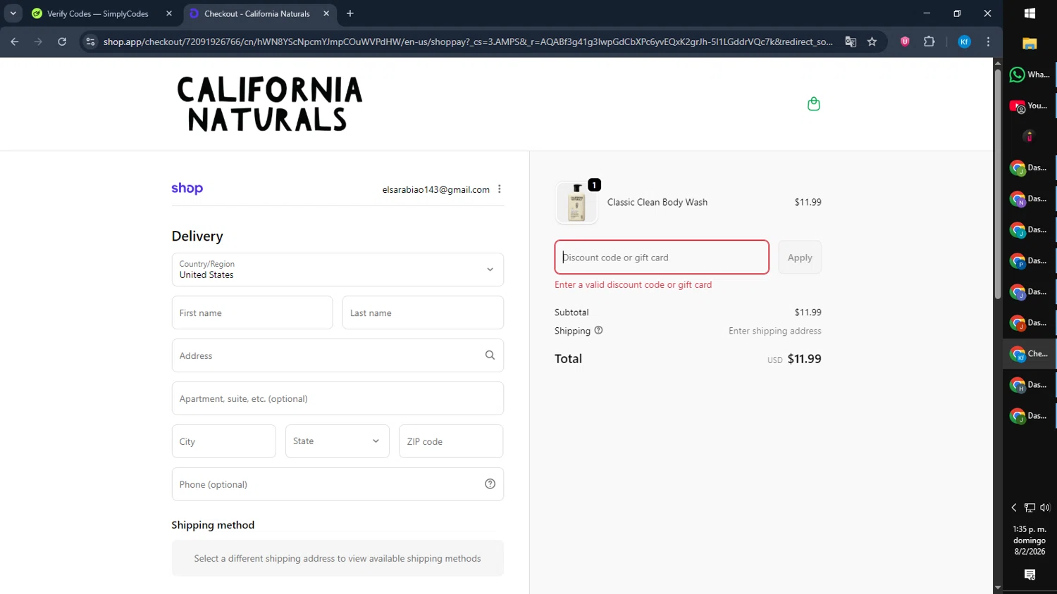 California Naturals discount code screenshot showing code goodstuff applied at California Naturals checkout page. Uploaded by SimplyCodes community member Cynoxx on Feb 8, 2026