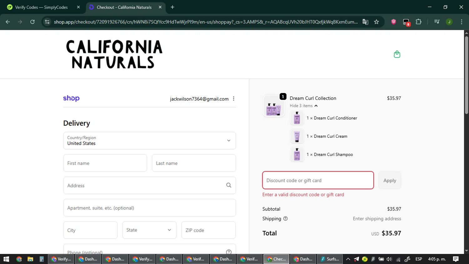 California Naturals discount code screenshot showing code goodstuff applied at California Naturals checkout page. Uploaded by SimplyCodes community member ShieldFinder369 on Feb 12, 2026