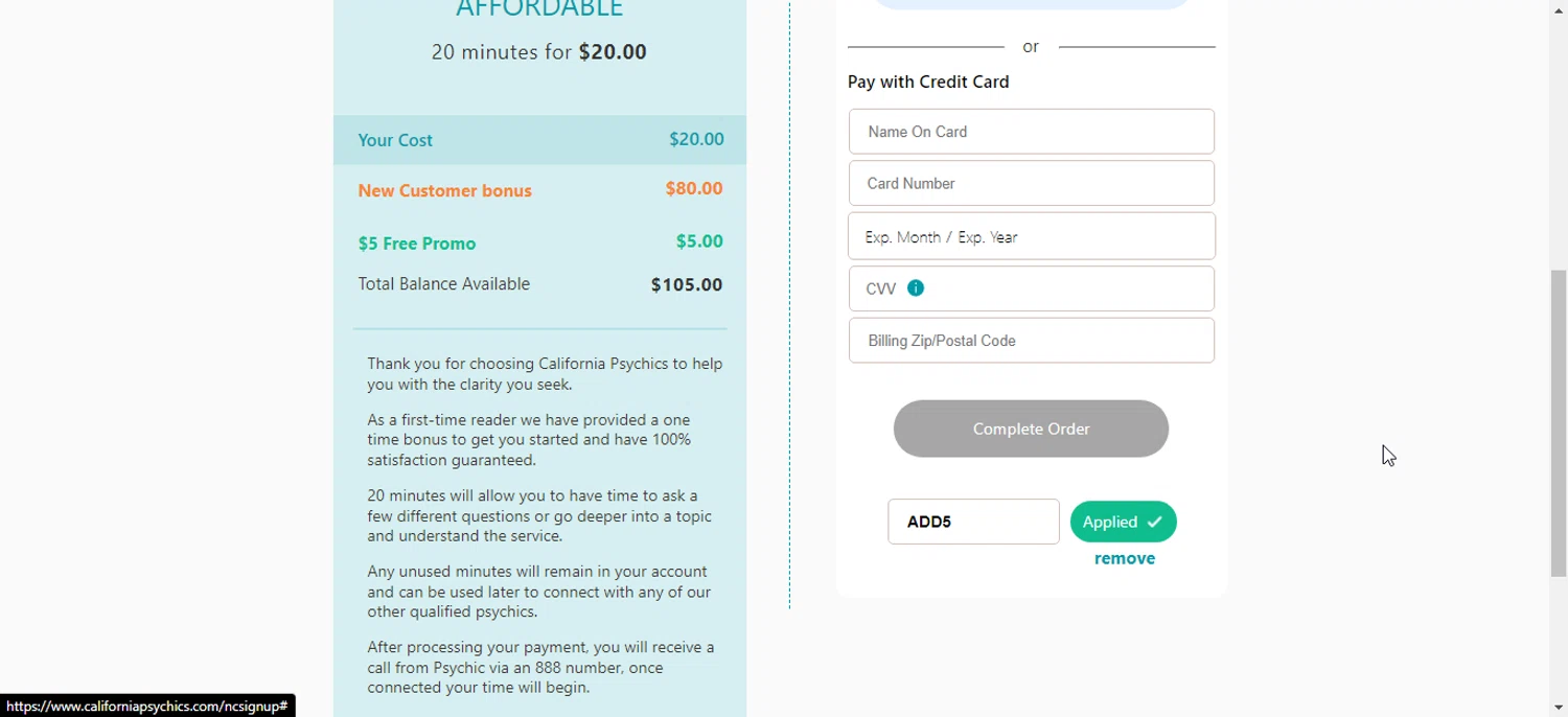 where to use California Psychics promo code box