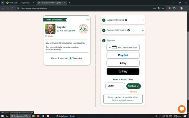 California Psychics checkout page showing California Psychics promo code box | Screenshot taken by SimplyCodes community member on Aug 17, 2025