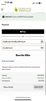 BOO coupon verification screenshot