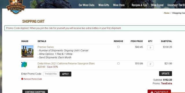 California Wine Club checkout page showing California Wine Club promo code box | Screenshot taken by SimplyCodes community member on Jul 10, 2023