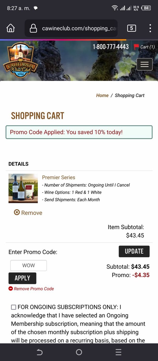 California Wine Club checkout page showing California Wine Club promo code box | Screenshot taken by SimplyCodes community member on Feb 14, 2024