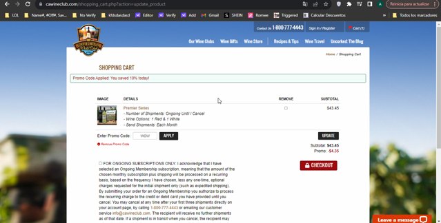 California Wine Club checkout page showing California Wine Club promo code box | Screenshot taken by SimplyCodes community member on Nov 9, 2023