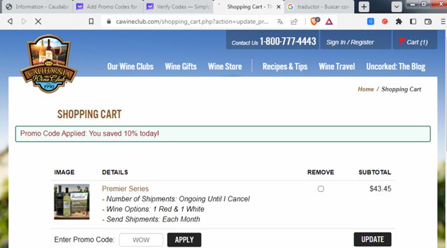 California Wine Club checkout page showing California Wine Club promo code box | Screenshot taken by SimplyCodes community member on Oct 19, 2023