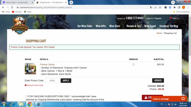 California Wine Club checkout page showing California Wine Club promo code box | Screenshot taken by SimplyCodes community member on Mar 14, 2024