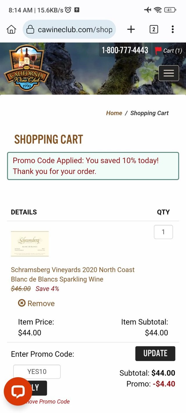 California Wine Club checkout page showing California Wine Club promo code box | Screenshot taken by SimplyCodes community member on Jan 4, 2024