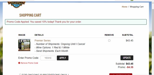 California Wine Club checkout page showing California Wine Club promo code box | Screenshot taken by SimplyCodes community member on Nov 9, 2023