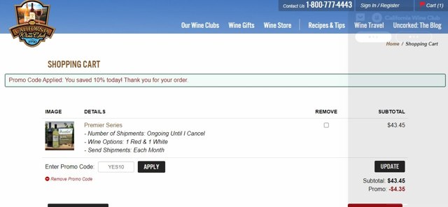 California Wine Club checkout page showing California Wine Club promo code box | Screenshot taken by SimplyCodes community member on Aug 3, 2023