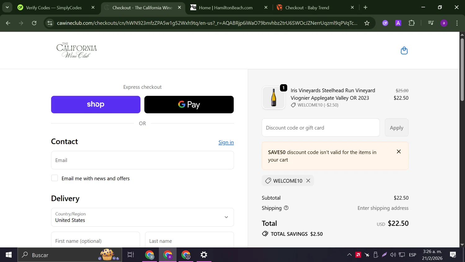 California Wine Club promo code screenshot showing code SAVE50 applied at California Wine Club checkout page. Uploaded by SimplyCodes community member Frizk_1 on Feb 21, 2026