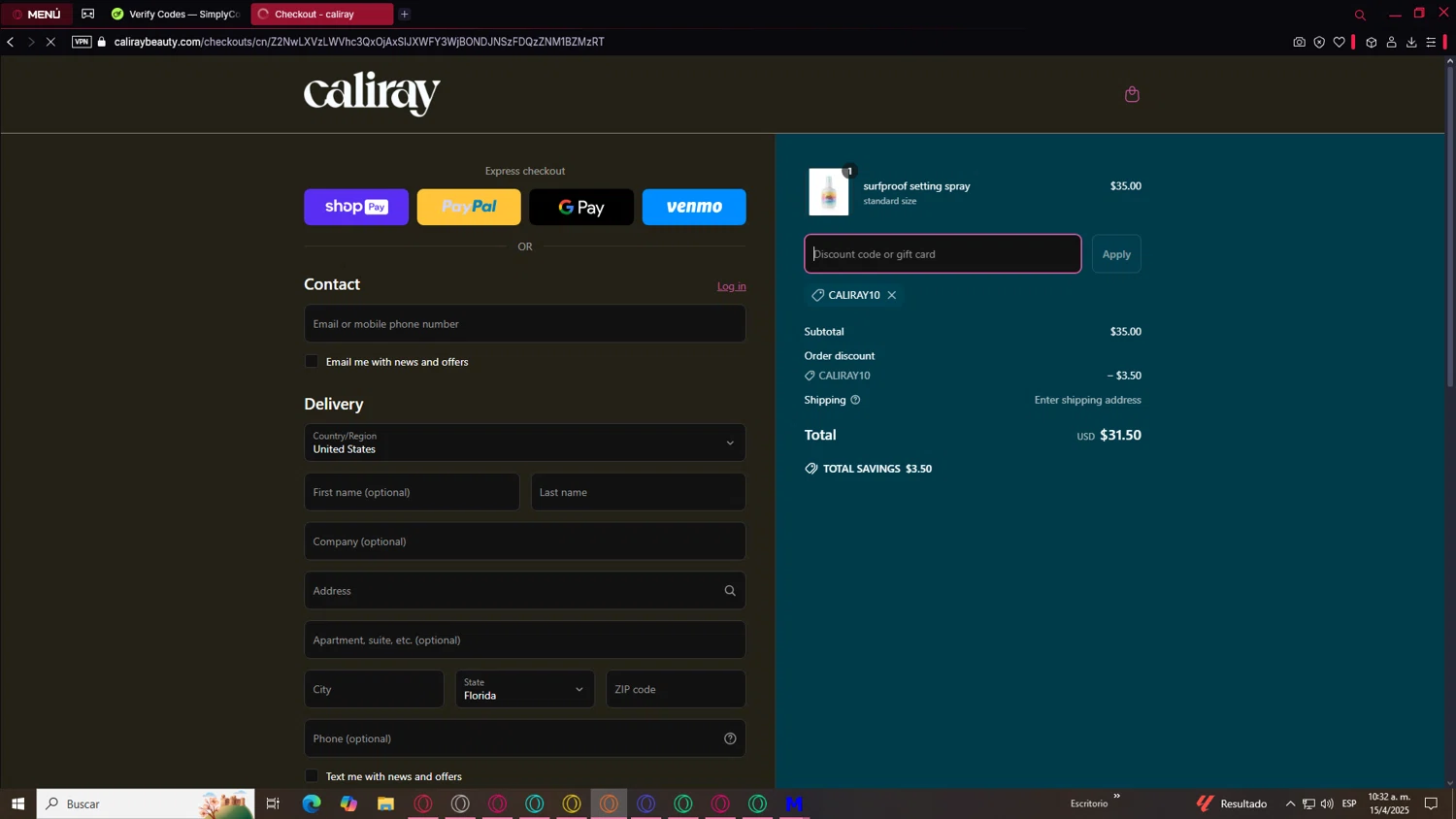 caliray discount code screenshot showing code CALIRAY10 applied at caliray checkout page. Uploaded by SimplyCodes community member SaleCurator1460 on Apr 15, 2025